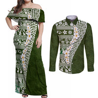 Hawaii Plumeria Tribal Vintage Couples Matching Off Shoulder Maxi Dress and Long Sleeve Button Shirt Special Green LT03 Green - Polynesian Pride