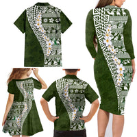 Hawaii Plumeria Tribal Vintage Family Matching Long Sleeve Bodycon Dress and Hawaiian Shirt Special Green LT03 - Polynesian Pride