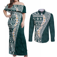 Hawaii Plumeria Tribal Vintage Couples Matching Off Shoulder Maxi Dress and Long Sleeve Button Shirt Special Turquoise LT03 Turquoise - Polynesian Pride