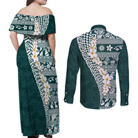 Hawaii Plumeria Tribal Vintage Couples Matching Off Shoulder Maxi Dress and Long Sleeve Button Shirt Special Turquoise LT03 - Polynesian Pride