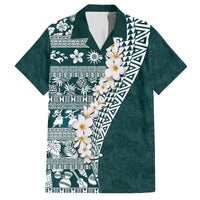 Hawaii Plumeria Tribal Vintage Family Matching Puletasi and Hawaiian Shirt Special Turquoise LT03 Dad's Shirt - Short Sleeve Turquoise - Polynesian Pride