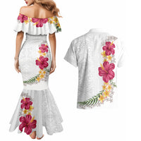Hawaiian Plumeria and Hibiscus Couples Matching Mermaid Dress and Hawaiian Shirt White Mode LT03 - Polynesian Pride