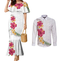 Hawaiian Plumeria and Hibiscus Couples Matching Mermaid Dress and Long Sleeve Button Shirt White Mode LT03 White - Polynesian Pride