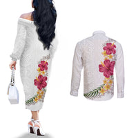 Hawaiian Plumeria and Hibiscus Couples Matching Off The Shoulder Long Sleeve Dress and Long Sleeve Button Shirt White Mode