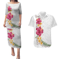 Hawaiian Plumeria and Hibiscus Couples Matching Puletasi and Hawaiian Shirt White Mode