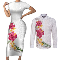 Hawaiian Plumeria and Hibiscus Couples Matching Short Sleeve Bodycon Dress and Long Sleeve Button Shirt White Mode
