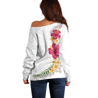 Hawaiian Plumeria and Hibiscus Off Shoulder Sweater White Mode