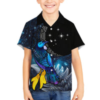New Zealand Tui Bird Matariki Family Matching Off Shoulder Maxi Dress and Hawaiian Shirt Galaxy Fern With Maori Pattern LT03 Son's Shirt Blue - Polynesian Pride