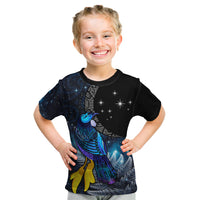 New Zealand Tui Bird Matariki Kid T Shirt Galaxy Fern With Maori Pattern LT03 Blue - Polynesian Pride