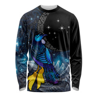 New Zealand Tui Bird Matariki Long Sleeve Shirt Galaxy Fern With Maori Pattern LT03 Unisex Blue - Polynesian Pride