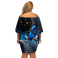 New Zealand Tui Bird Matariki Off Shoulder Short Dress Galaxy Fern With Maori Pattern LT03 - Polynesian Pride