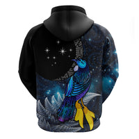 New Zealand Tui Bird Matariki Zip Hoodie Galaxy Fern With Maori Pattern LT03 - Polynesian Pride