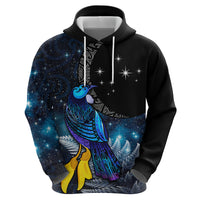 New Zealand Tui Bird Matariki Zip Hoodie Galaxy Fern With Maori Pattern LT03 - Polynesian Pride