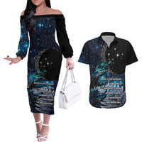 New Zealand Tui Bird Couples Matching Off The Shoulder Long Sleeve Dress and Hawaiian Shirt Matariki Poetry Pattern Galaxy Style