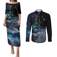 New Zealand Tui Bird Couples Matching Puletasi and Long Sleeve Button Shirt Matariki Poetry Pattern Galaxy Style LT03 Blue - Polynesian Pride