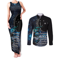 New Zealand Tui Bird Couples Matching Tank Maxi Dress and Long Sleeve Button Shirt Matariki Poetry Pattern Galaxy Style LT03 Blue - Polynesian Pride