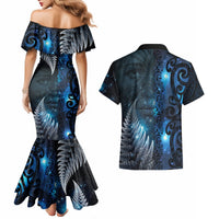 New Zealand Matariki Couples Matching Mermaid Dress and Hawaiian Shirt The Tribal Maori Face and Silver Fern LT03 - Polynesian Pride