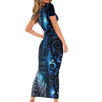 New Zealand Matariki Short Sleeve Bodycon Dress The Tribal Maori Face and Silver Fern
