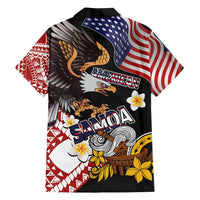 United States and American Samoa Together Family Matching Off Shoulder Short Dress and Hawaiian Shirt Bald Eagle and Polynesian Traditional Culture with Plumeria