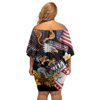 United States and American Samoa Together Family Matching Off Shoulder Short Dress and Hawaiian Shirt Bald Eagle and Polynesian Traditional Culture with Plumeria