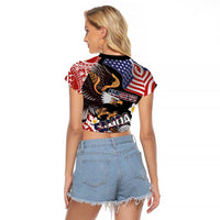 United States and American Samoa Together Raglan Cropped T Shirt Bald Eagle and Polynesian Traditional Culture with Plumeria