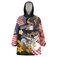 United States and American Samoa Together Wearable Blanket Hoodie Bald Eagle and Polynesian Traditional Culture with Plumeria