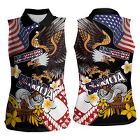 United States and American Samoa Together Women Sleeveless Polo Shirt Bald Eagle and Polynesian Traditional Culture with Plumeria