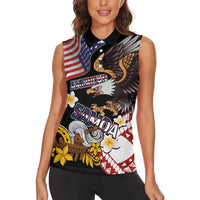 United States and American Samoa Together Women Sleeveless Polo Shirt Bald Eagle and Polynesian Traditional Culture with Plumeria