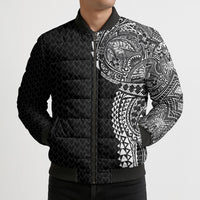 Hawaiian Traditional Tattoos Bomber Puffer Jacket Kakau Tribal Tropical Plant Motif Black Color LT03 - Polynesian Pride