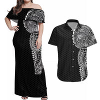 Hawaiian Traditional Tattoos Couples Matching Off Shoulder Maxi Dress and Hawaiian Shirt Kakau Tribal Tropical Plant Motif Black Color LT03 Black - Polynesian Pride