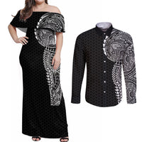 Hawaiian Traditional Tattoos Couples Matching Off Shoulder Maxi Dress and Long Sleeve Button Shirt Kakau Tribal Tropical Plant Motif Black Color LT03 Black - Polynesian Pride