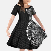 Hawaiian Traditional Tattoos Family Matching Long Sleeve Bodycon Dress and Hawaiian Shirt Kakau Tribal Tropical Plant Motif Black Color LT03 Daughter's Dress Black - Polynesian Pride