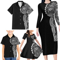 Hawaiian Traditional Tattoos Family Matching Long Sleeve Bodycon Dress and Hawaiian Shirt Kakau Tribal Tropical Plant Motif Black Color LT03 - Polynesian Pride