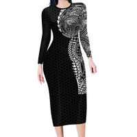 Hawaiian Traditional Tattoos Family Matching Long Sleeve Bodycon Dress and Hawaiian Shirt Kakau Tribal Tropical Plant Motif Black Color LT03 Mom's Dress Black - Polynesian Pride