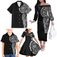Hawaiian Traditional Tattoos Family Matching Off The Shoulder Long Sleeve Dress and Hawaiian Shirt Kakau Tribal Tropical Plant Motif Black Color LT03 - Polynesian Pride