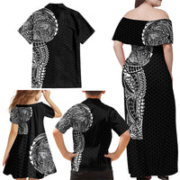 Hawaiian Traditional Tattoos Family Matching Off Shoulder Maxi Dress and Hawaiian Shirt Kakau Tribal Tropical Plant Motif Black Color LT03 - Polynesian Pride