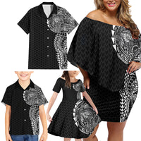 Hawaiian Traditional Tattoos Family Matching Off Shoulder Short Dress and Hawaiian Shirt Kakau Tribal Tropical Plant Motif Black Color LT03 - Polynesian Pride
