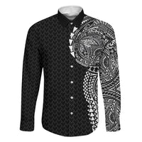 Hawaiian Traditional Tattoos Family Matching Puletasi and Hawaiian Shirt Kakau Tribal Tropical Plant Motif Black Color LT03 Dad's Shirt - Long Sleeve Black - Polynesian Pride