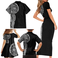Hawaiian Traditional Tattoos Family Matching Short Sleeve Bodycon Dress and Hawaiian Shirt Kakau Tribal Tropical Plant Motif Black Color LT03 - Polynesian Pride