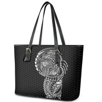 Hawaiian Traditional Tattoos Leather Tote Bag Kakau Tribal Tropical Plant Motif Black Color