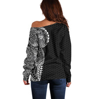 Hawaiian Traditional Tattoos Off Shoulder Sweater Kakau Tribal Tropical Plant Motif Black Color LT03 - Polynesian Pride
