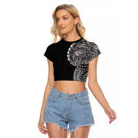 Hawaiian Traditional Tattoos Raglan Cropped T Shirt Kakau Tribal Tropical Plant Motif Black Color