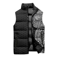 Hawaiian Traditional Tattoos Sleeveless Puffer Jacket Kakau Tribal Tropical Plant Motif Black Color LT03 - Polynesian Pride
