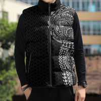 Hawaiian Traditional Tattoos Sleeveless Puffer Jacket Kakau Tribal Tropical Plant Motif Black Color LT03 - Polynesian Pride