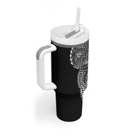 Hawaiian Traditional Tattoos Tumbler With Handle Kakau Tribal Tropical Plant Motif Black Color