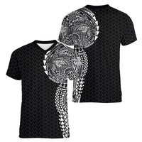 Hawaiian Traditional Tattoos Women V-Neck T-Shirt Kakau Tribal Tropical Plant Motif Black Color LT03 - Polynesian Pride