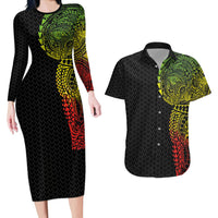 Hawaiian Traditional Tattoos Couples Matching Long Sleeve Bodycon Dress and Hawaiian Shirt Kakau Tribal Tropical Plant Motif Kanaka Maoli Flag Color Inspired LT03 Multicolor - Polynesian Pride