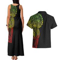 Hawaiian Traditional Tattoos Couples Matching Tank Maxi Dress and Hawaiian Shirt Kakau Tribal Tropical Plant Motif Kanaka Maoli Flag Color Inspired LT03 - Polynesian Pride