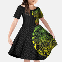 Hawaiian Traditional Tattoos Family Matching Summer Maxi Dress and Hawaiian Shirt Kakau Tribal Tropical Plant Motif Kanaka Maoli Flag Color Inspired LT03 Daughter's Dress Multicolor - Polynesian Pride