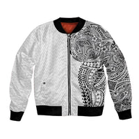 Hawaiian Traditional Tattoos Bomber Jacket Kakau Tribal Tropical Plant Motif White Color LT03 Unisex White - Polynesian Pride